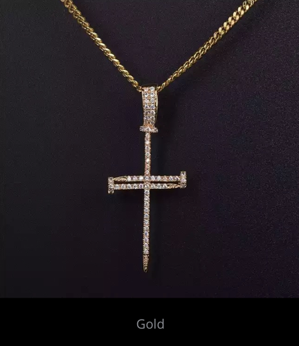 Men's Jewelry Cuban Link Chain Iced Nail Cross Pendant Gold Silver 73-7 - Picture 6 of 6