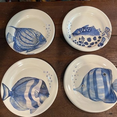 PIER 1 Set Of 4 Melamine Salad Appetizer Plates Nautical Blue Ocean Fish Theme