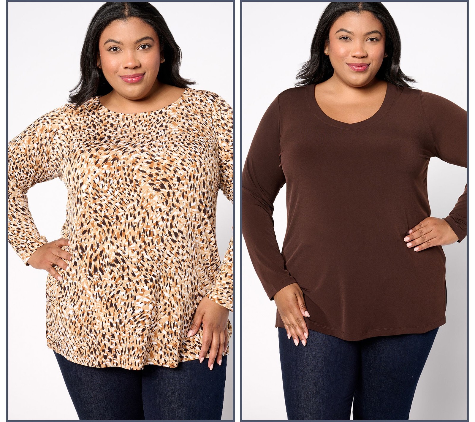 Susan Graver Women's Top Petite PM Essentials Liquid Knit Tunic Set Brown