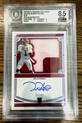 2020 Panini National Treasures Blue JALEN HURTS Auto Rookie Patch BGS 8.5 NM+