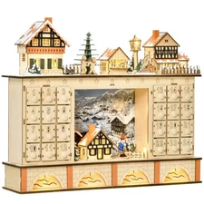 Wooden Light-Up Christmas Village Calendar 24-Day Countdown 17.25in W