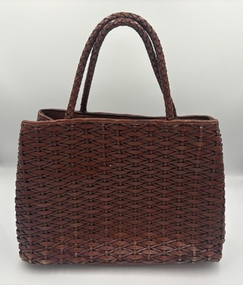 Bechamel Brown Woven Tote Bag Double Handles Zip/Magnetic Gold Hardware Pockets