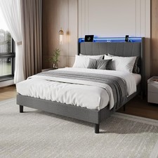 Queen Size Bed Frame with Charging Station and LED Lights Upholstered Headboard