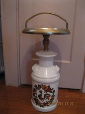 Vintage Floor Stand w/Amber Glass Ashtray Milk Can Shape W/Rooster & Flowers 23"