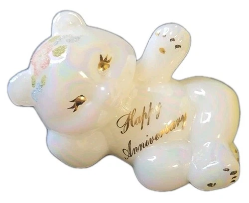 Signed Vintage Opalescent Fenton "Happy Anniversary" Bear Figurine