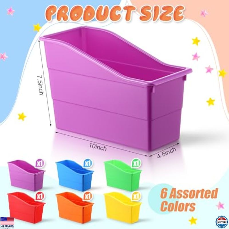 Vibrant 6-Pack Plastic Book Bins - Vertical Organizer Baskets for Classroom Use