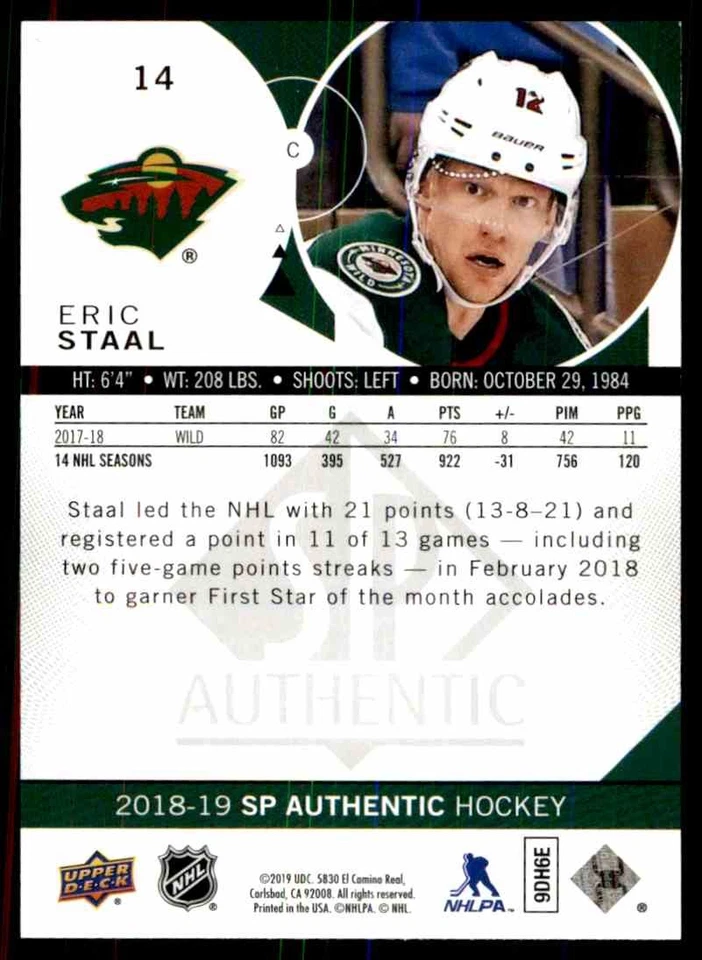 2018-19 SP Authentic Eric Staal #14 - Image 2 of 2