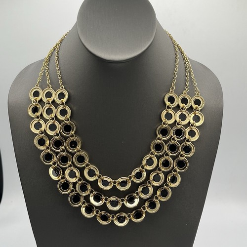 Ann Taylor Factory Gold Tone Black Stones Sparkle 3 Rows Necklace - Picture 9 of 10