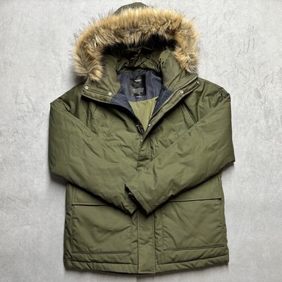 Pull&Bear Green Fur Trim Hooded Mid-Length Parka Jacket Men's Lined