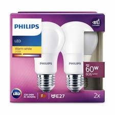 Philips LED E27 Screw Bulbs 8W 60W Eq Warm White 2700K 806lm 2 Pack