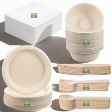 300Pcs Disposable Paper Plates Set, Compostable Sugarcane Plates with Utensil...