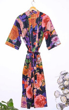 Indian Black Floral Print Cotton Robe Long Kimono Sleepwear Night Suit Kimono