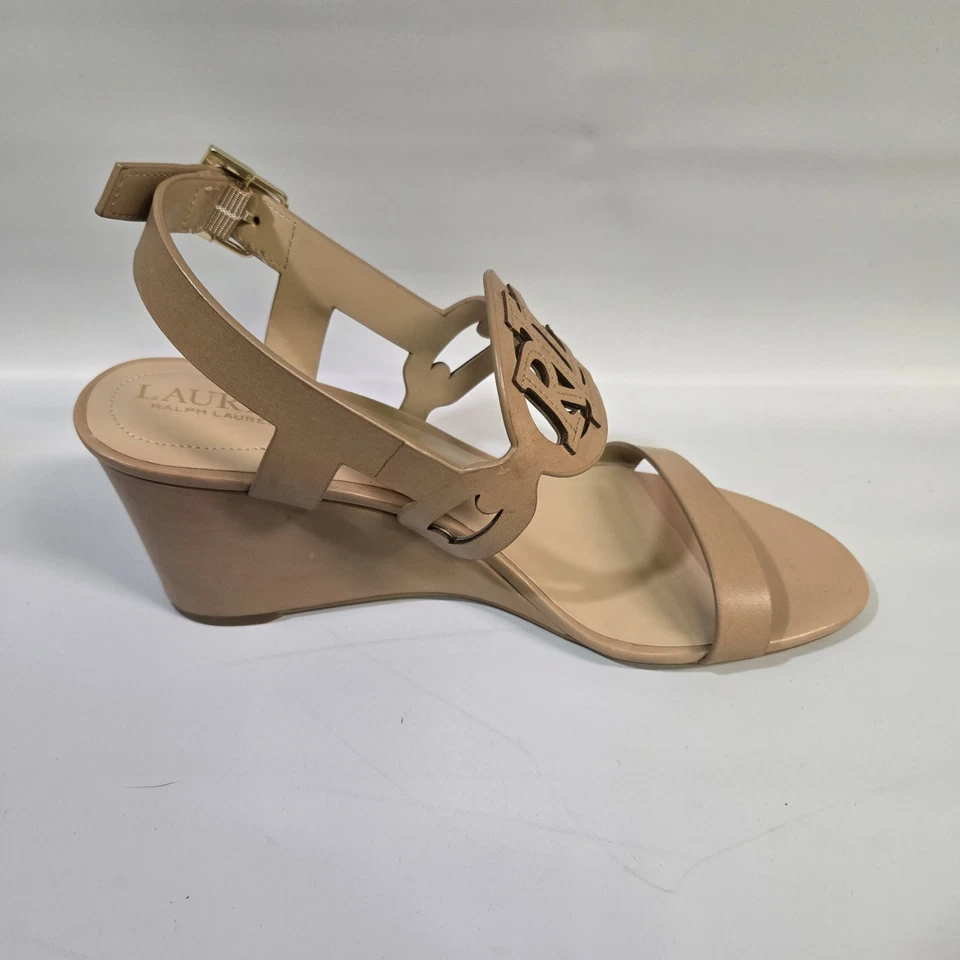 Sandalias de cuña de cuero napa Lauren Ralph Lauren Amilea color tostado 9 nuevas en caja diseñador Foto 4 de 4