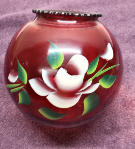 Vtg FLASHED RED GLASS HAND PAINTED FLORAL GLOBE BALL 6 in. LAMP PART BEDROOM - Picture 1 of 12
