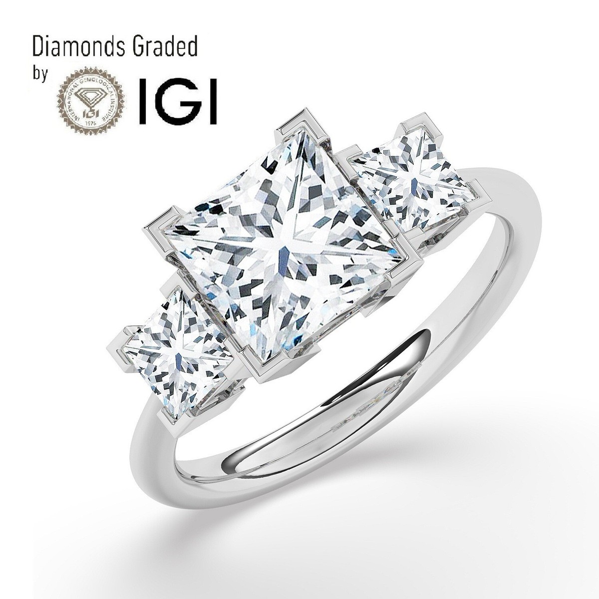 Princess Solitaire 18K White Gold Trilogy Ring, ct, Lab-grown