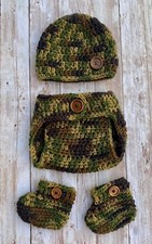 Crochet Newborn Baby CAMO Beanie Button, Diaper Cover, Booties Photo Prop Set