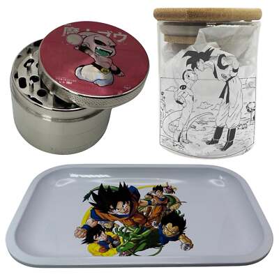 Dragon Z Fighters Anime Herb Grinder, Stash Jar, Rolling Tray Set