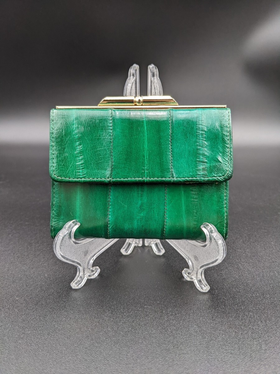 Vintage Jade Green Eel Skin Wallet with Clasped Coin Compartment