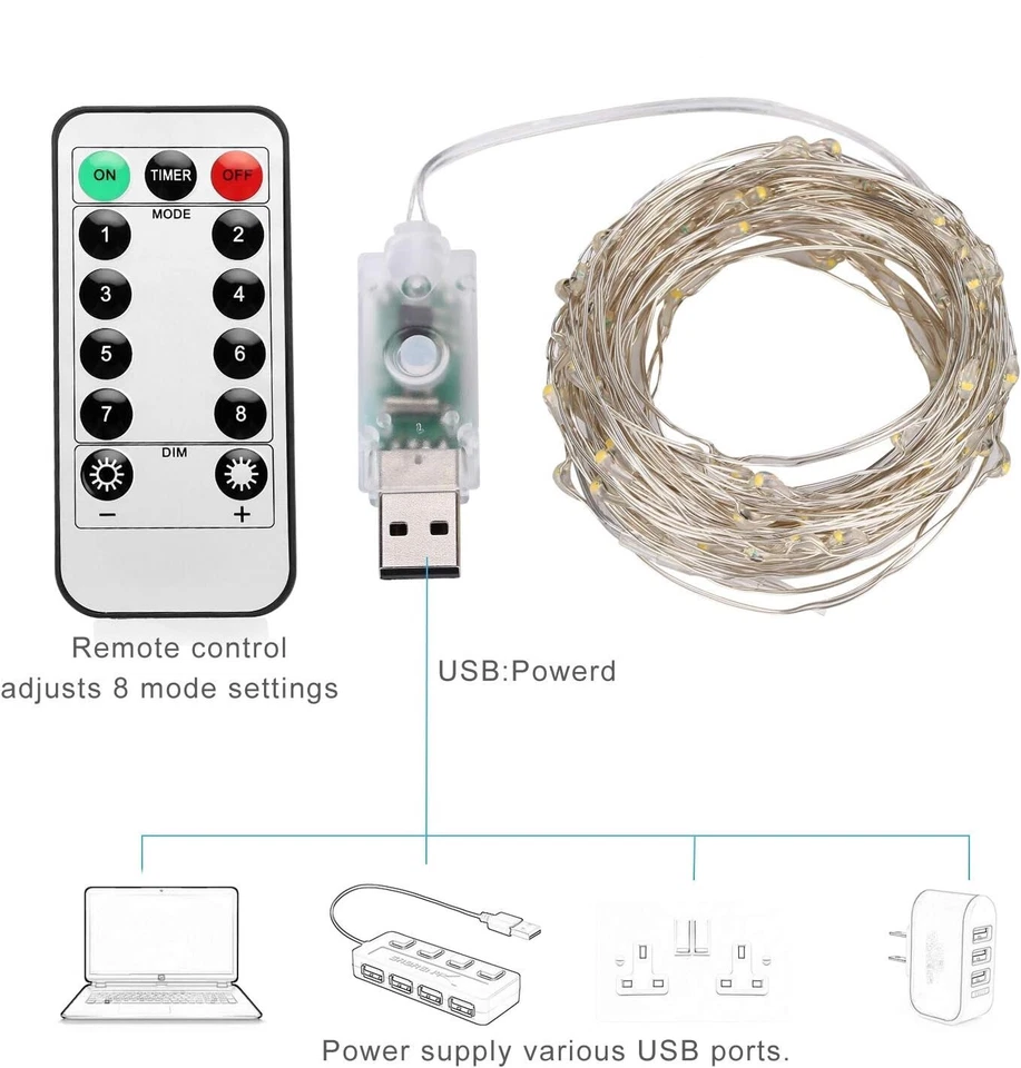 USB Twinkle LED String Fairy Lights 7/30M 50/100/300LED Copper Wire Party Remote - Image 3 of 4