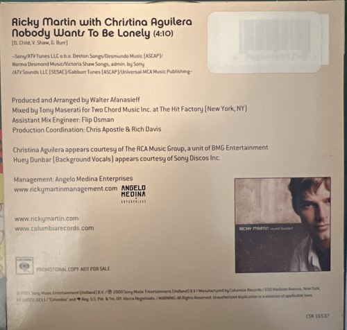 Nobody Wants To Be Lonely by Ricky Martin With Christina Aguilera – CD Digipak - Picture 2 of 2