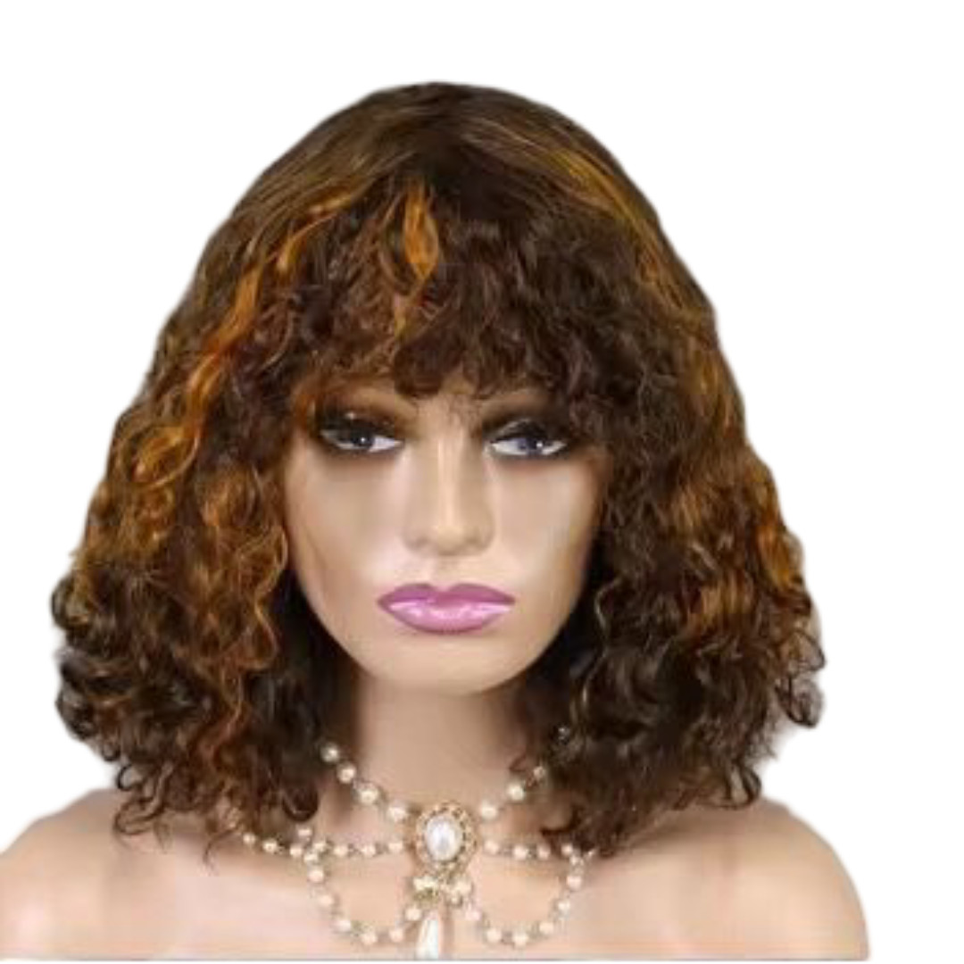 Perruque cheveux humains water wave avec frange brune de 12 pouces