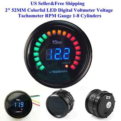 2'' 52MM Colorful LED Digital Voltmeter Voltage Tachometer RPM Gauge
