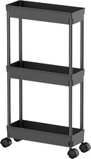 3 Tier Rolling Cart with Wheels Slim Storage Cart Narrow Storage Cabinet Black