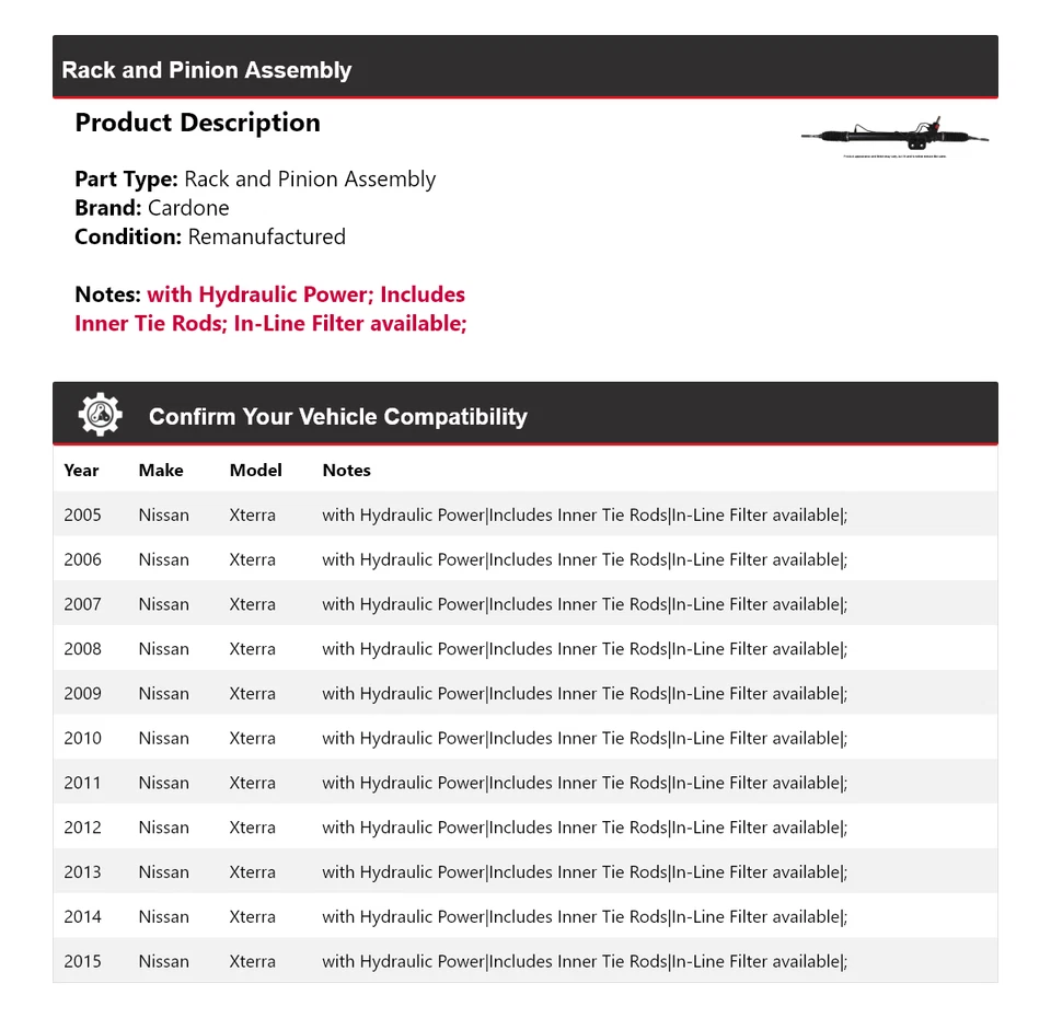 Montaje de piñón y cremallera para Nissan Xterra 2005-2015 Cardone 2006 2007 2008 2009 Foto 2 de 4