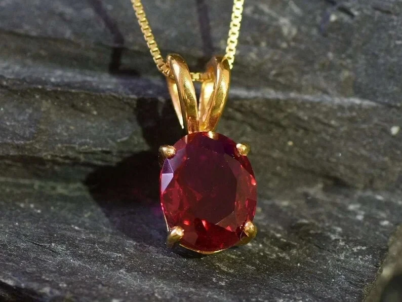 4 Ct Oval Cut Lab-Created Red Ruby Solitaire Pendant Necklace Yellow Gold Plated - Image 3 of 4