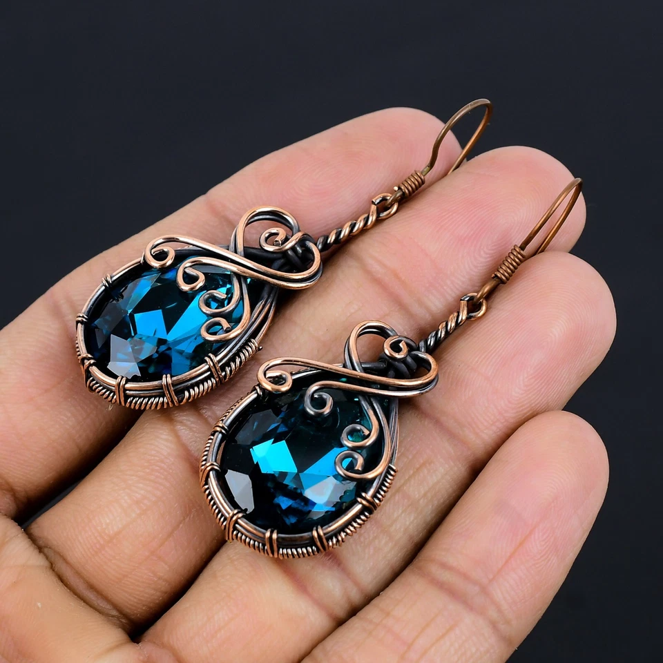 Pendientes de topacio azul piedras preciosas envoltura de alambre de cobre hechos a mano joyería regalo para mujer Foto 3 de 4