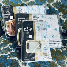 Vintage JCP Blue Floral Full/Double Sheet Set No Iron Percale Cottage NOS