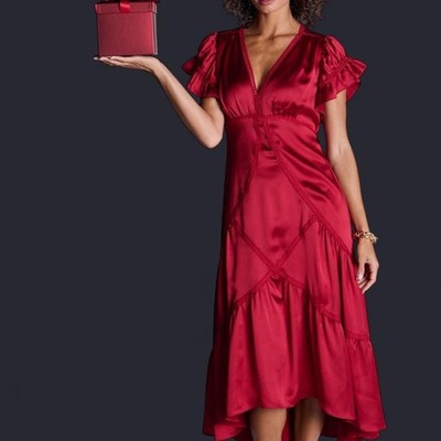 knee length dresses for ladies Goddiva – Flutter Sleeve Satin Midi Dress – campaign-outlet – Green
