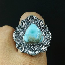 925 Sterling Silver Natural Larimar Gemstone Handmade Ring Size-7.75 US 