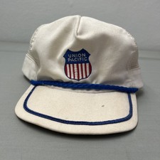 Vintage Union Pacific Snap Back Trucker Hat White Blue Cord Rope USA