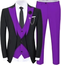 WANGYUE Men's Slim Fit Suit Purple 3 Piece M40R 34W Peak Lapel 1 Button