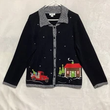 Christopher & Banks Cardigan Sweater Red Truck Christmas Cabin Embroidered Sz XL