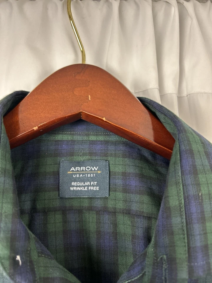 Camisa con botones de manga larga a cuadros verde azul Arrow para hombre S 14-14 1/2 sin arrugas Foto 2 de 4