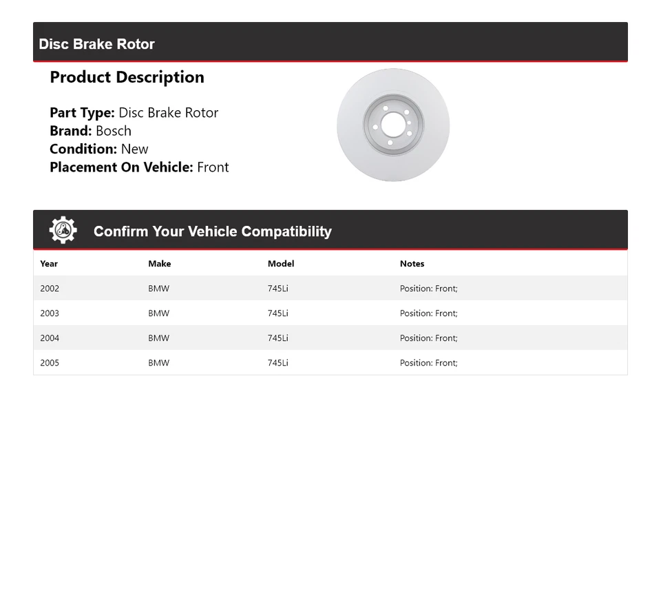 Rotor de freno de disco delantero QuietCast Bosch 2002-2005 BMW 745Li 2003 2004 Foto 2 de 4