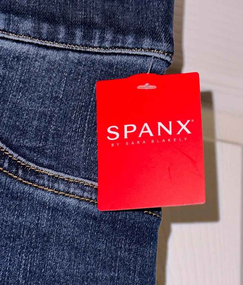 Pantalones de mezclilla SPANX desgastados lavado medio azul tobillo ajustados para mujer XS S M 20203R Foto 3 de 4