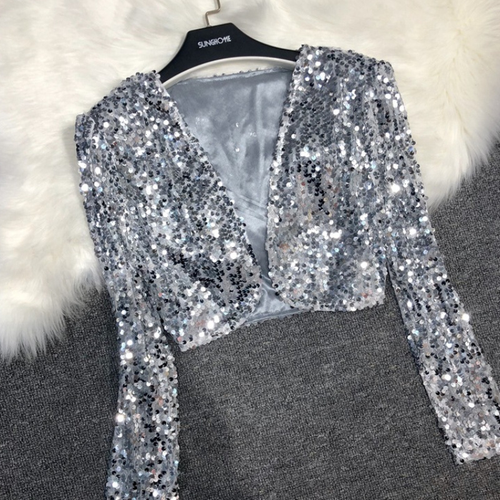 Damen Pailletten Jacke Kurz Anzug Blazer Crop Mantel Slim Party Tanz Show Ausgefallen - Bild 10 von 15