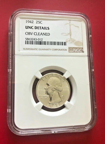 1942 WASHINGTON QUARTER NGC UNC DETAILS OBV CLEANED