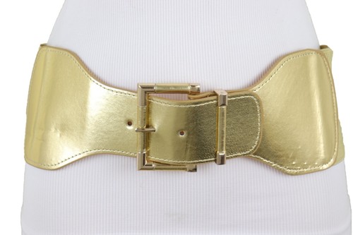 Women Gold Wide Elastic Elegant Special Look Belt Hip Waist Metal Buckle Fit S M - Picture 19 of 24