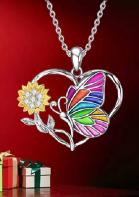 COLORFUL BUTTERFLY SUNFLOWER pendant 925 Sterling Silver plate 20'' Necklace GIFT
