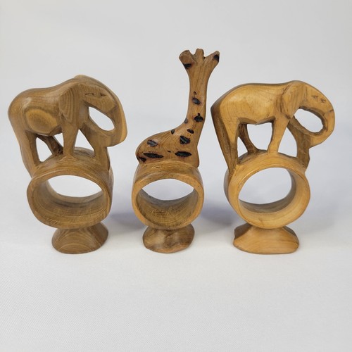 Vintage Set 3 handgeschnitzte afrikanische Safari Tier Holz Serviettenringe Giraffe Elefant - Bild 2 von 18