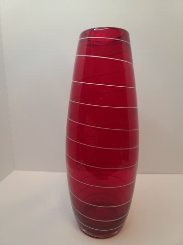 "Grande vaso vetro arte vintage rosso con fili a spirale bianchi 14" - Foto 4 di 5