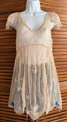 Free People Wome's Nude Mesh Lace Rhinestone Minidress or Tunic Size S - Picture 2 of 13
