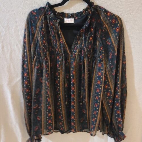 Hailey & Co. womens L teal bouse aztec floral print chiffon blouse. Tie at... - Picture 1 of 10