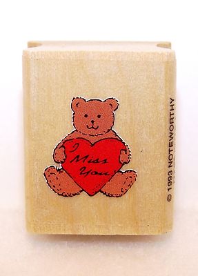 NEW 1993 NOTEWORTHY Wood Rubber Stamp ED - MISS YOU BEAR Holding a Heart-Clean