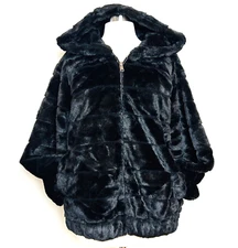Jacket Coat Women's Black Faux Fur Hooded Plush Full Zip Satin Lined Size L/XL