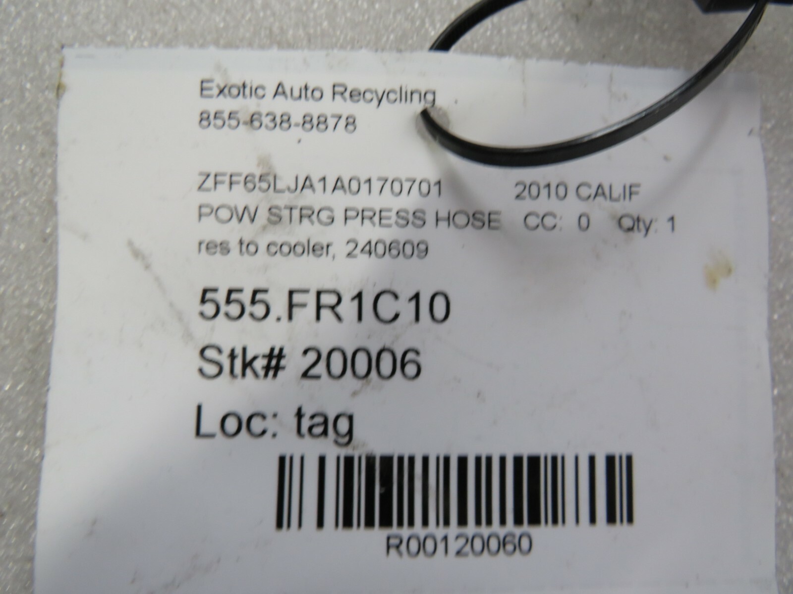 Ferrari California, Power Steering Reservior To Cooler Hose, Used, P/N 240609